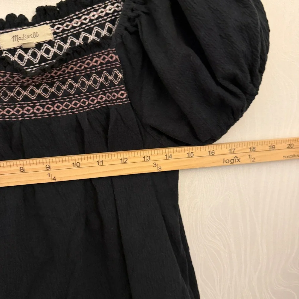 Madewell Embroidered Puff Sleeve Top Womens Medium Black‎ Pink Square Neck